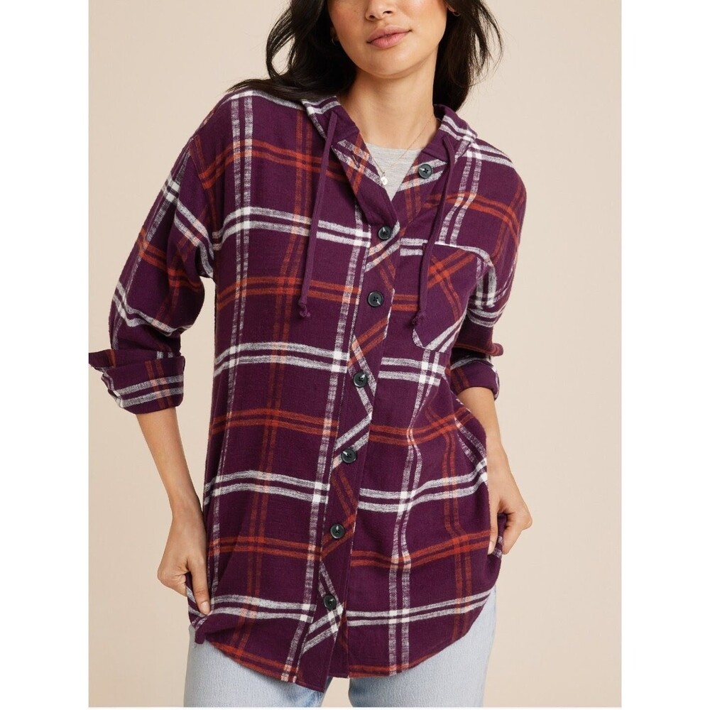 Maurices Size S Cabin Plaid Hooded Flannel Button Up Relaxed Fit Super Soft